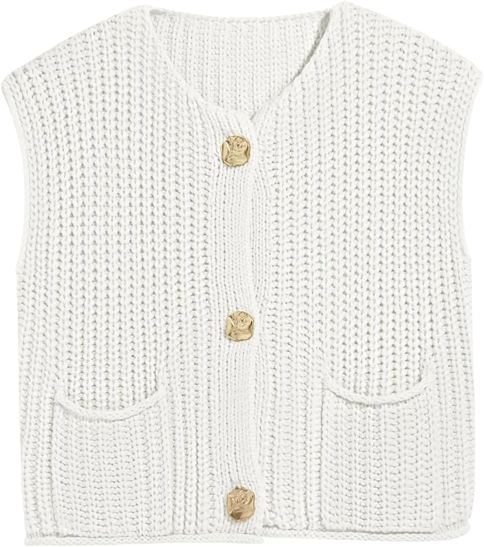 Saodimallsu Womens Sleeveless Cropped Sweater Vest Crochet Chunky Knit Button Down Cardigan Vests Tops with Pockets