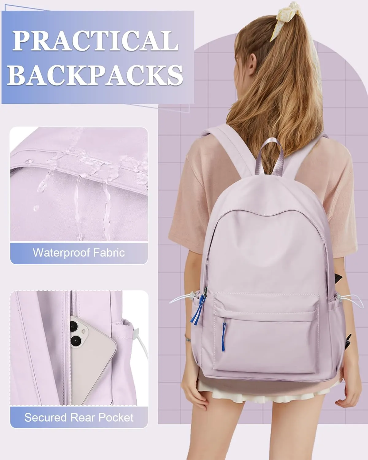 School Backpack for Teen Girls,Simple School Book Bag Waterproof High School Backpack for Boy Middle Student Bookbag College Backpack for Women Men Casual Daypack Travel Aesthetic Backpacks Purple