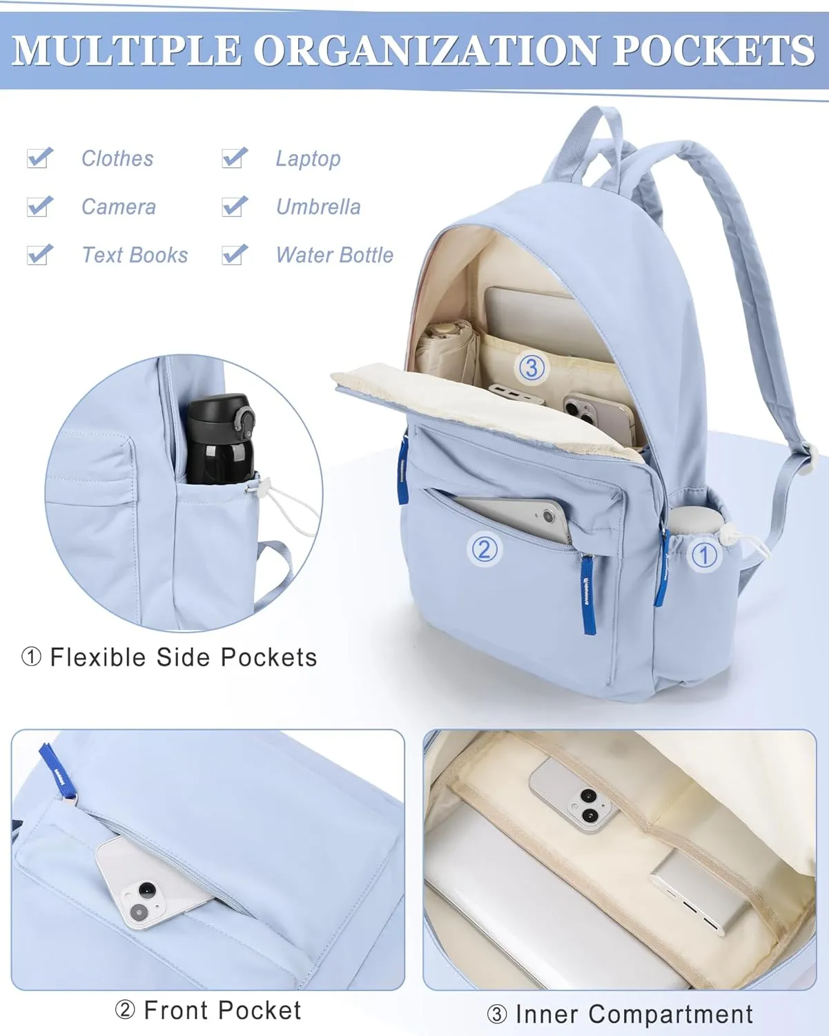 School Backpack for Teen Girls,Simple School Book Bag Waterproof High School Backpack for Boys Middle Student Bookbag College Backpack for Women Men Casual Daypack Travel Aesthetic Backpacks Blue