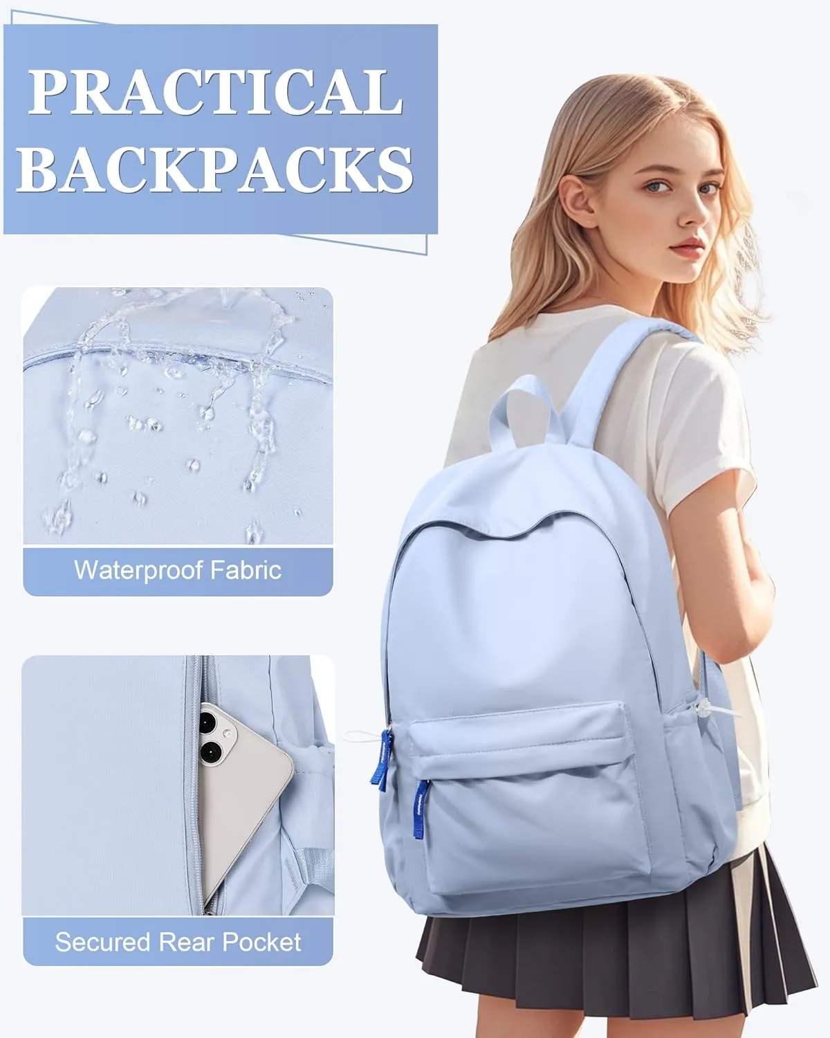 School Backpack for Teen Girls,Simple School Book Bag Waterproof High School Backpack for Boys Middle Student Bookbag College Backpack for Women Men Casual Daypack Travel Aesthetic Backpacks Blue