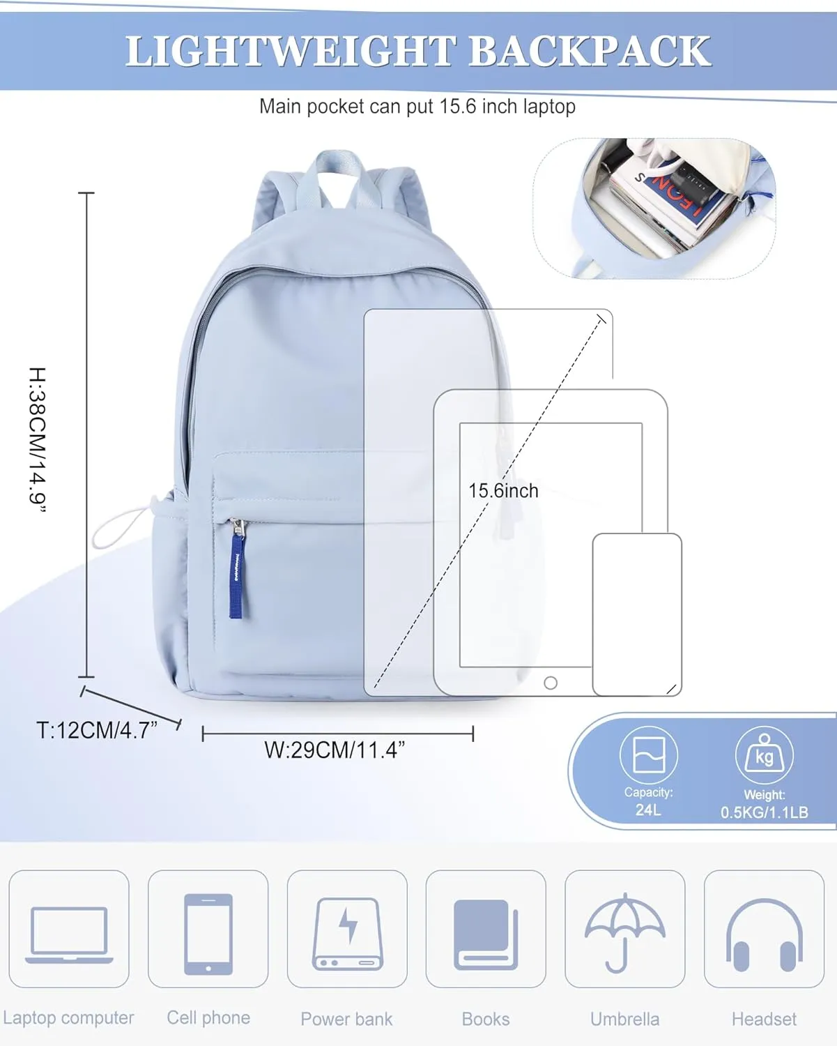 School Backpack for Teen Girls,Simple School Book Bag Waterproof High School Backpack for Boys Middle Student Bookbag College Backpack for Women Men Casual Daypack Travel Aesthetic Backpacks Blue