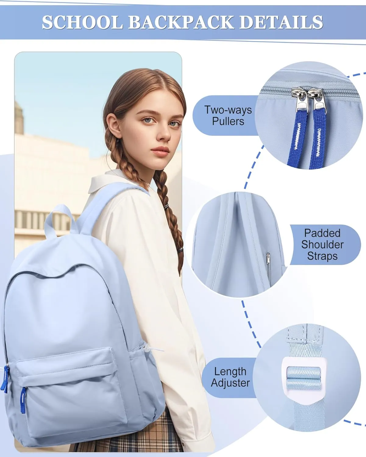 School Backpack for Teen Girls,Simple School Book Bag Waterproof High School Backpack for Boys Middle Student Bookbag College Backpack for Women Men Casual Daypack Travel Aesthetic Backpacks Blue