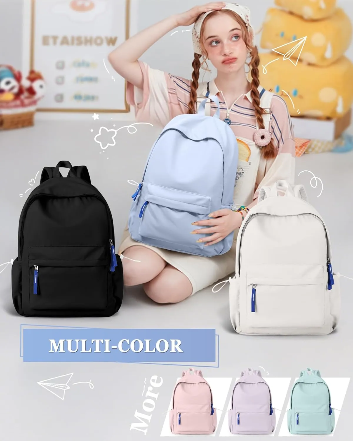 School Backpack for Teen Girls,Simple School Book Bag Waterproof High School Backpack for Boys Middle Student Bookbag College Backpack for Women Men Casual Daypack Travel Aesthetic Backpacks Blue