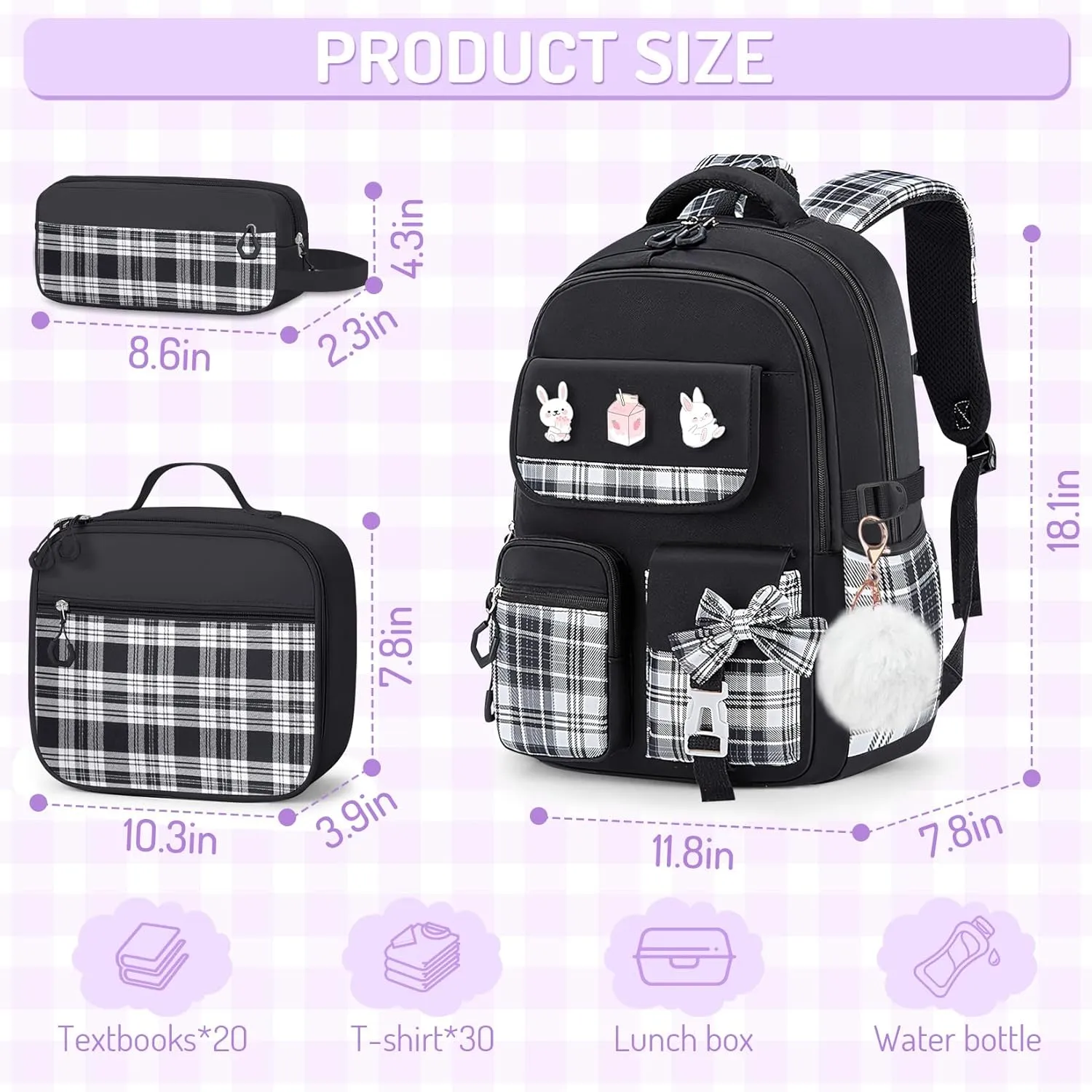 School Backpacks for Girl - 5PCS Cute Girls Backpack with Lunch Box Set for Kids Teens Elementary Middle School,18" Large Capacity Bookbag with Multiple Pockets,Perfect for Travel and School