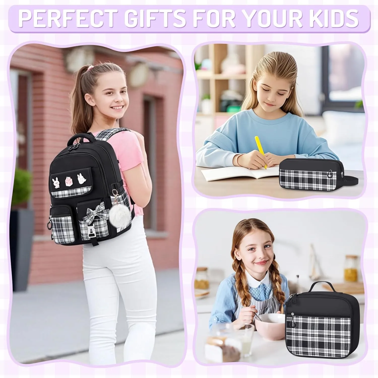 School Backpacks for Girl - 5PCS Cute Girls Backpack with Lunch Box Set for Kids Teens Elementary Middle School,18" Large Capacity Bookbag with Multiple Pockets,Perfect for Travel and School