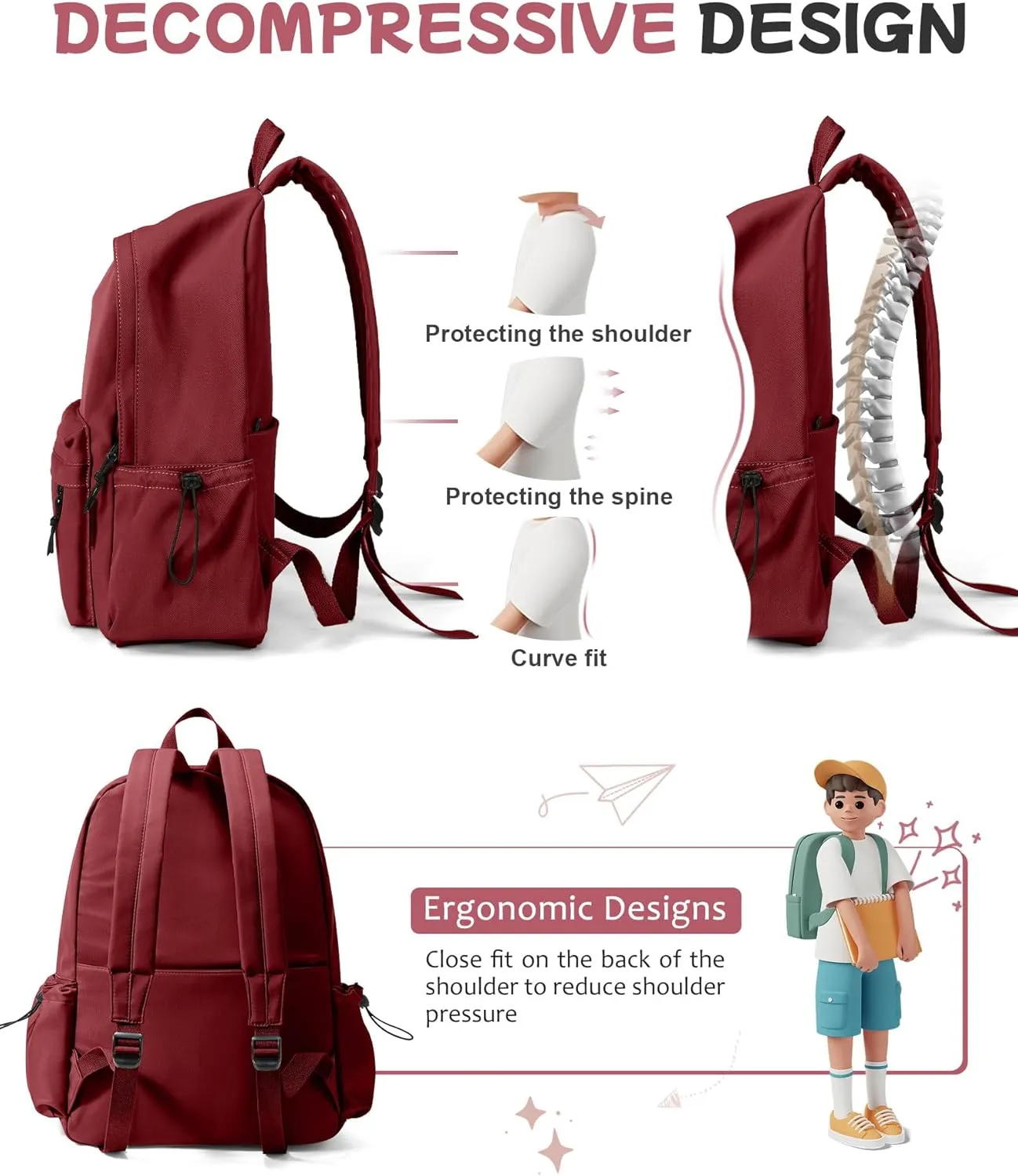 SEAFEW Red Lightweight Basic Backpack for High School,College Bookbag for Womens,Travel Laptop Backpacks for Teen Girls,School Bag Casual Daypack