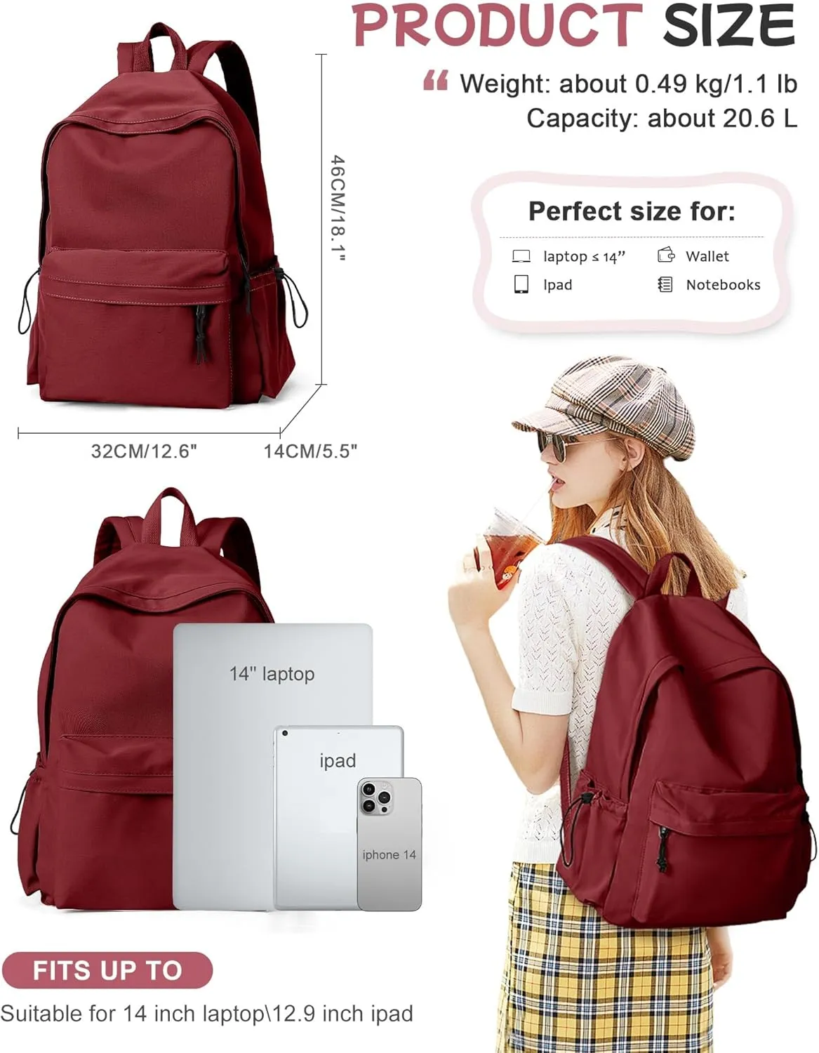 SEAFEW Red Lightweight Basic Backpack for High School,College Bookbag for Womens,Travel Laptop Backpacks for Teen Girls,School Bag Casual Daypack