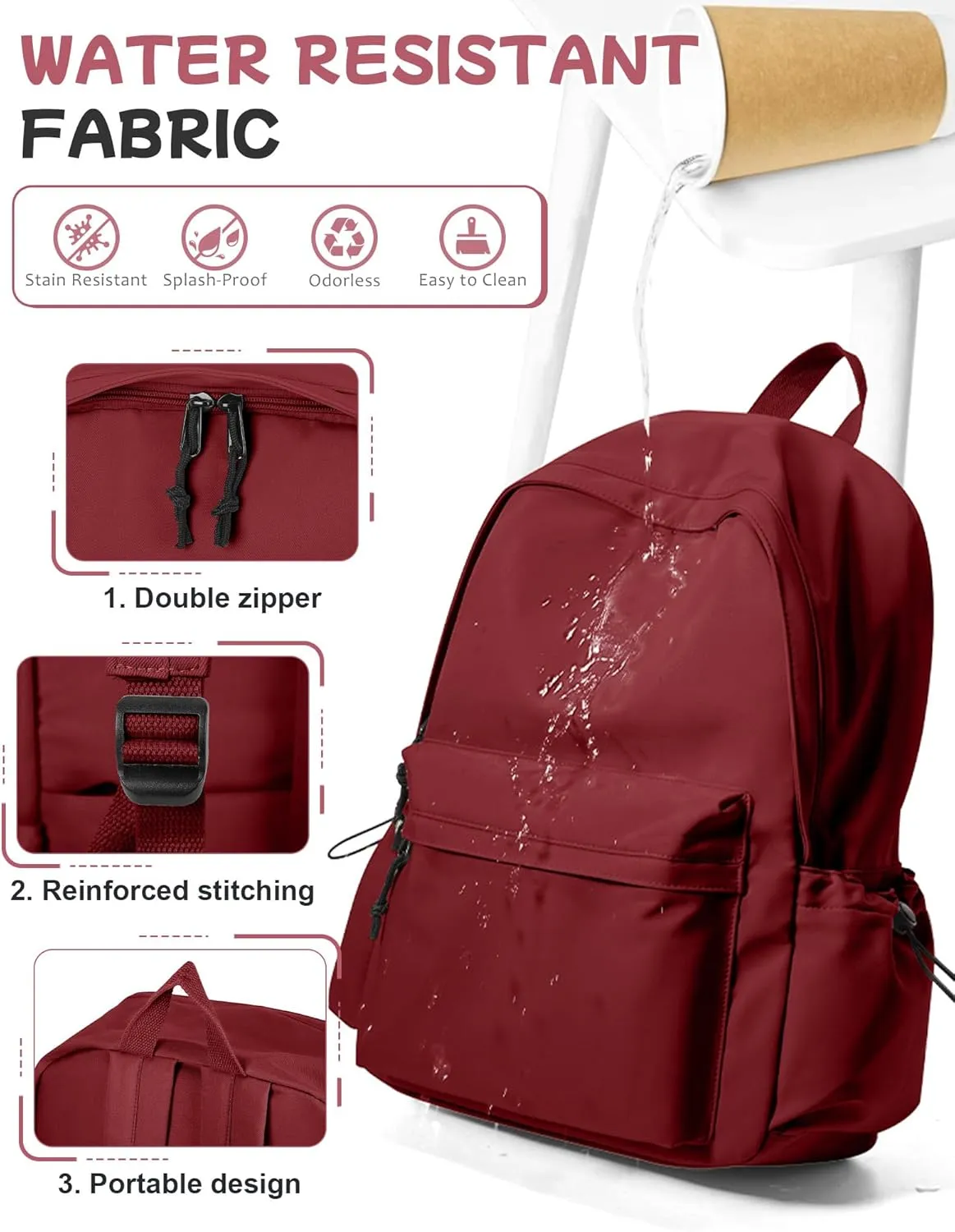 SEAFEW Red Lightweight Basic Backpack for High School,College Bookbag for Womens,Travel Laptop Backpacks for Teen Girls,School Bag Casual Daypack