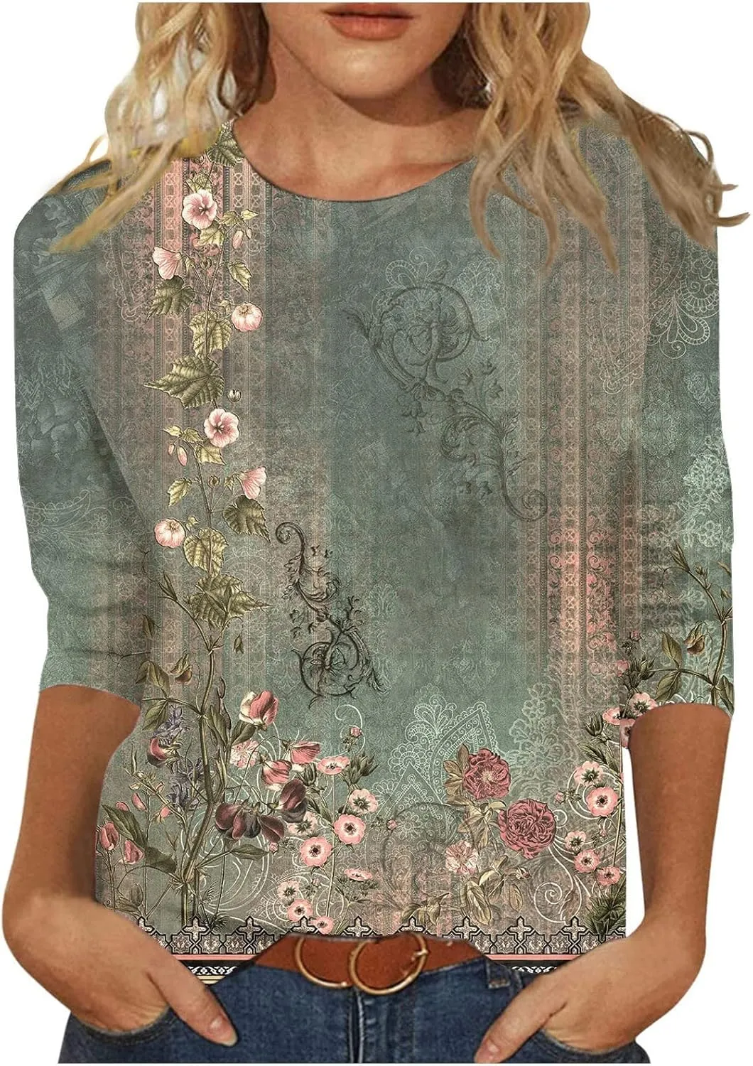 Segaven 3/4 Length Sleeve Womens Tops Trendy Solid Color Crewneck T Shirts Summer Basic Tunic Tees Casual Dressy Blouses