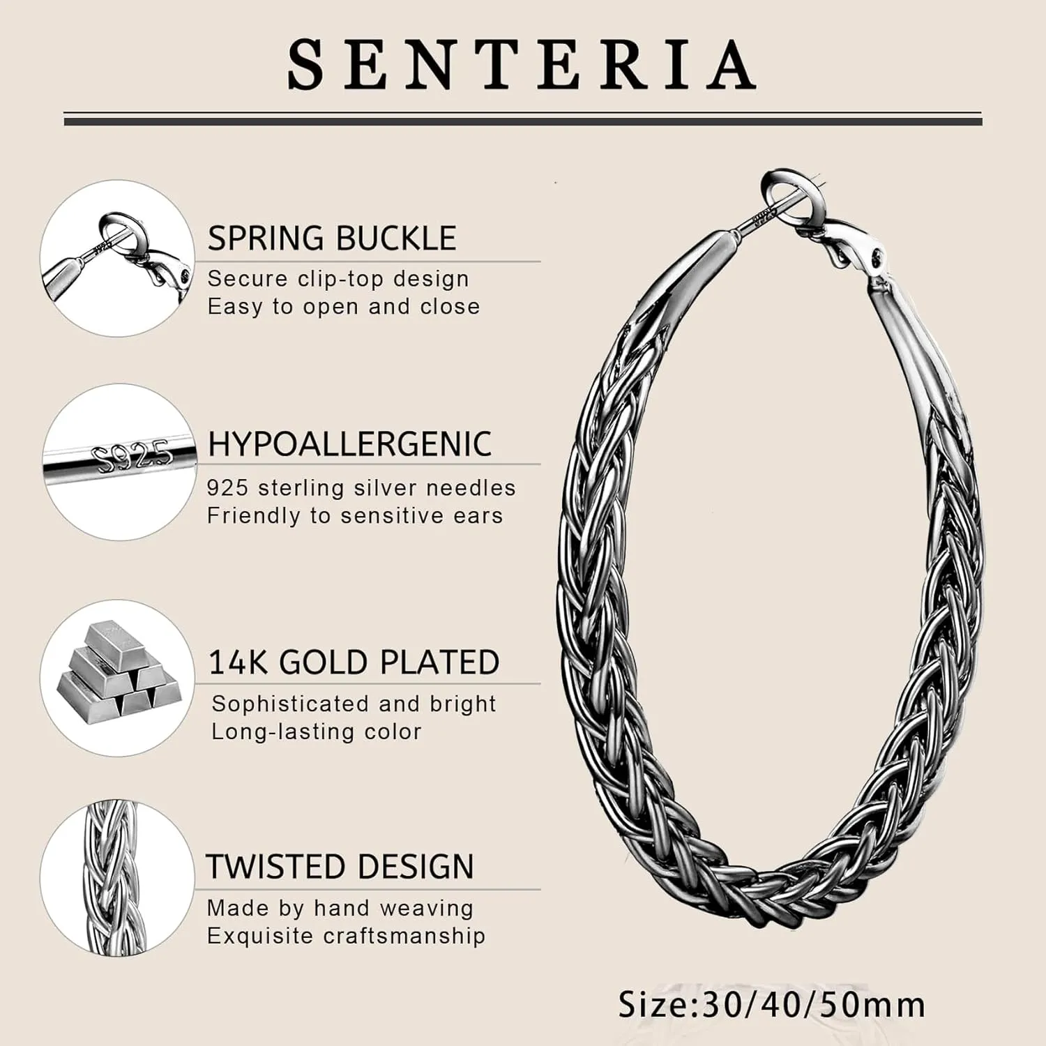 Senteria Silver Hoop Earrings for Women Hypoallergenic 925 Sterling Silver Post Hoop Earrings Lightweight Large Hoops Earring Thick Twisted Silver Hoops 30/40/50MM