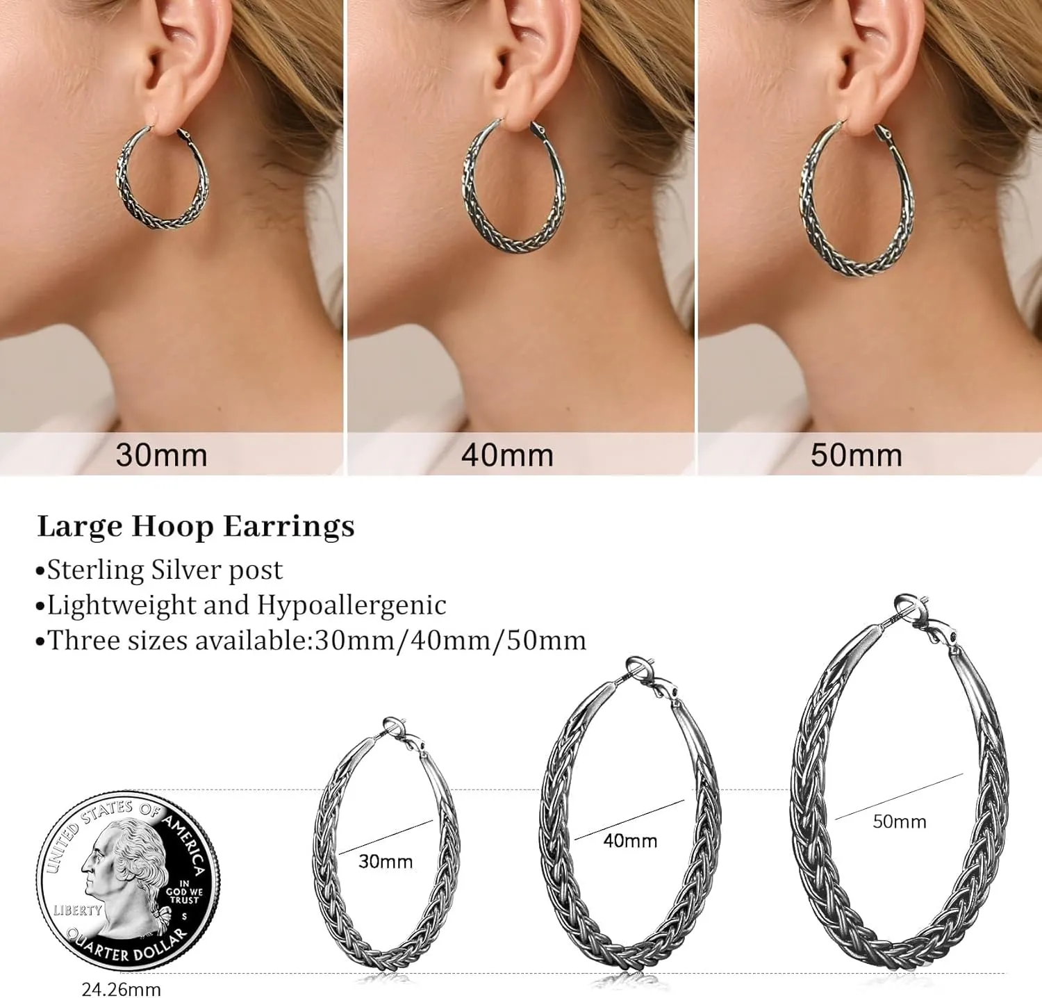 Senteria Silver Hoop Earrings for Women Hypoallergenic 925 Sterling Silver Post Hoop Earrings Lightweight Large Hoops Earring Thick Twisted Silver Hoops 30/40/50MM