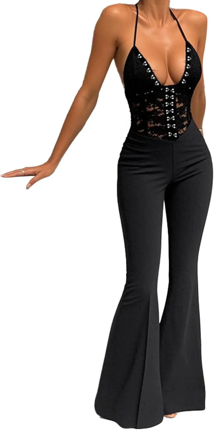 Sexy Jumpsuits for Women Sleeveless Lace Halter See Through Jumpsuit Summer Black Rompers