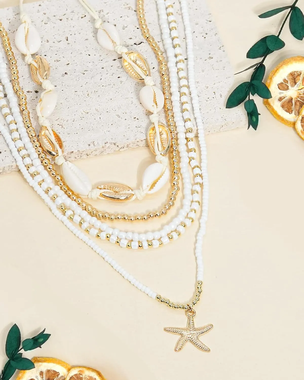 Shell Necklace Beach Jewelry for Women Seashell Starfish Necklace Adjustable Layered Sea Shell Charm Necklaces Summer Outfits for Women Beach Fashion Vacation Essentials Summer Accessories