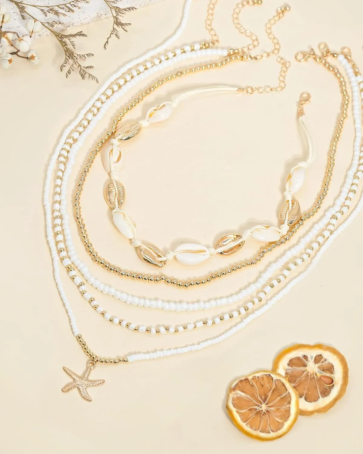 Shell Necklace Beach Jewelry for Women Seashell Starfish Necklace Adjustable Layered Sea Shell Charm Necklaces Summer Outfits for Women Beach Fashion Vacation Essentials Summer Accessories