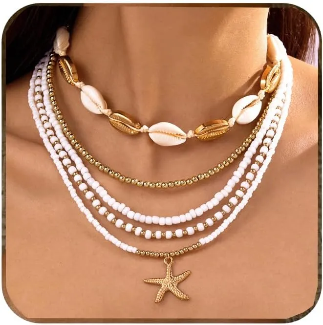 Shell Necklace Beach Jewelry for Women Seashell Starfish Necklace Adjustable Layered Sea Shell Charm Necklaces Summer Outfits for Women Beach Fashion Vacation Essentials Summer Accessories