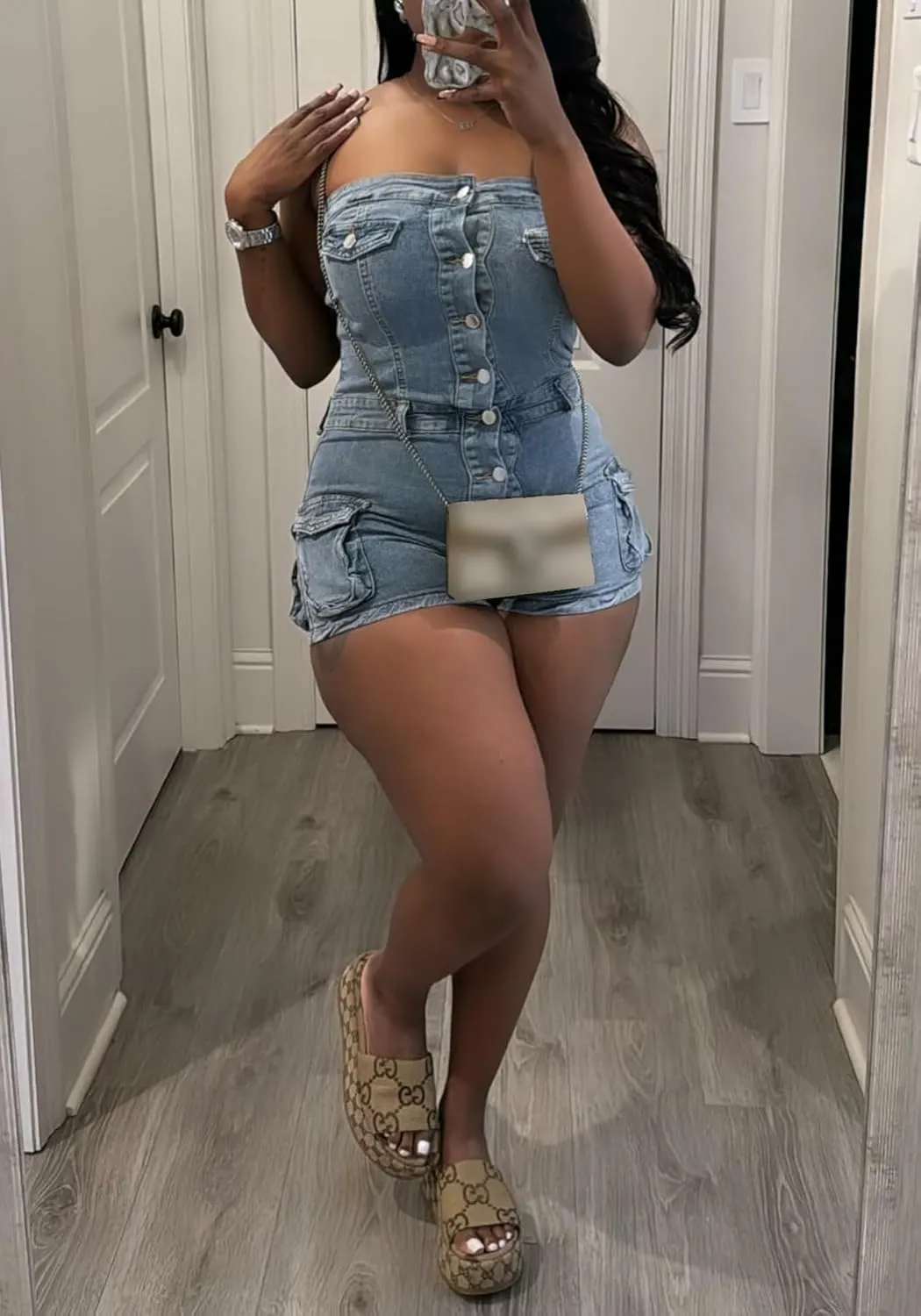 SHINFY Women's One Piece Denim Short Jumpsuit Bodycon Strapless Button Down Cargo Jeans Jumpsuits Short Romper