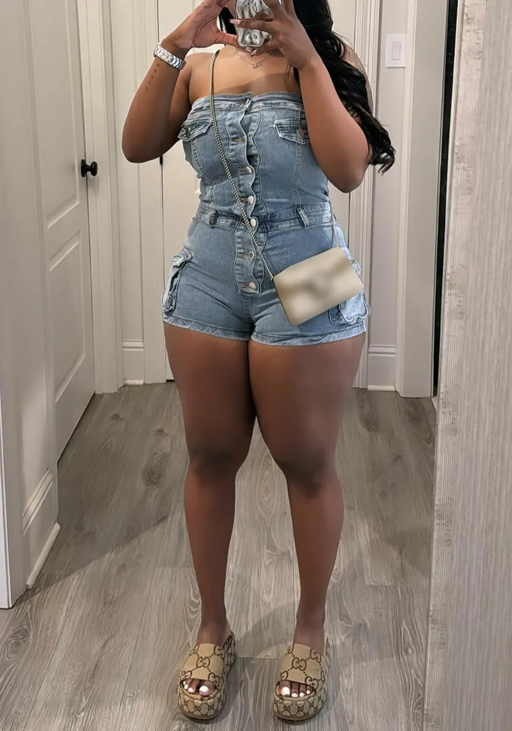 SHINFY Women's One Piece Denim Short Jumpsuit Bodycon Strapless Button Down Cargo Jeans Jumpsuits Short Romper
