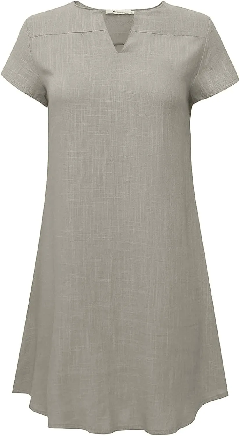 Shirt Dresses for Women Cap Sleeved Vintage Cotton Linen Long Dress Loose Fit Crewneck Casual Summer Dress Pockets
