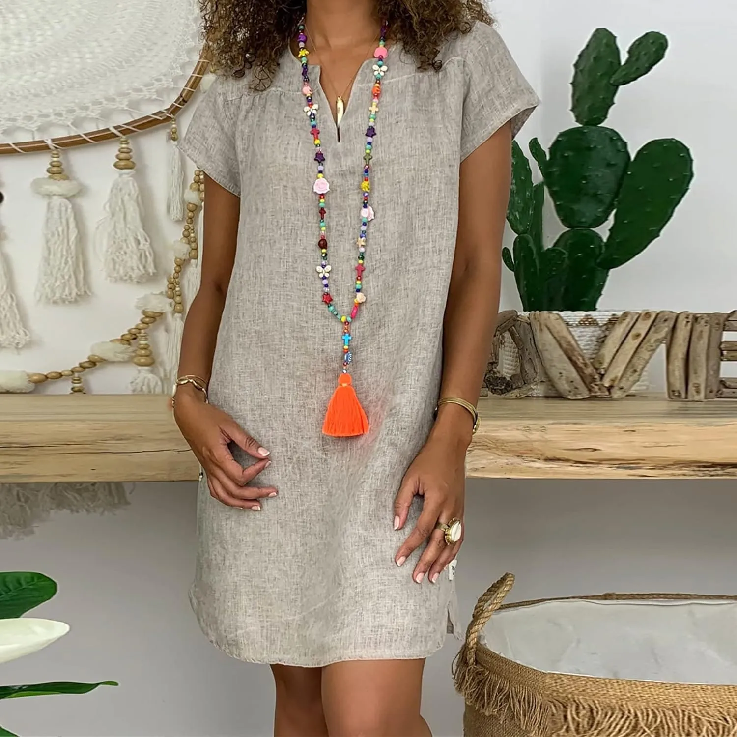 Shirt Dresses for Women Cap Sleeved Vintage Cotton Linen Long Dress Loose Fit Crewneck Casual Summer Dress Pockets