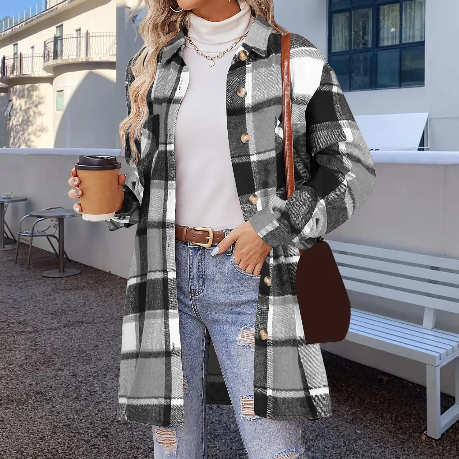 Shirts for Women Oversized Plaid Button Down Long Trench Coat Lightweight Long Sleeve Flannel Coat Shacket Jackets