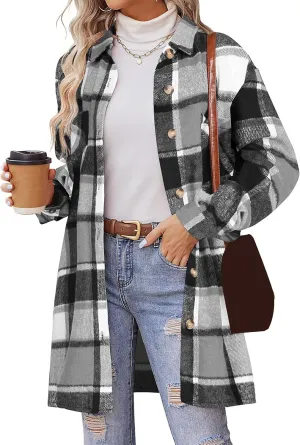 Shirts for Women Oversized Plaid Button Down Long Trench Coat Lightweight Long Sleeve Flannel Coat Shacket Jackets