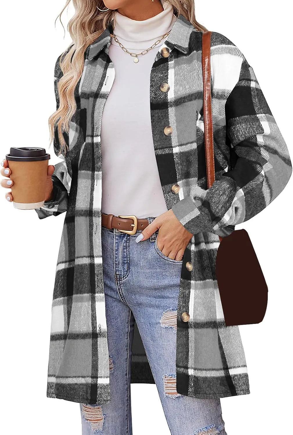 Shirts for Women Oversized Plaid Button Down Long Trench Coat Lightweight Long Sleeve Flannel Coat Shacket Jackets