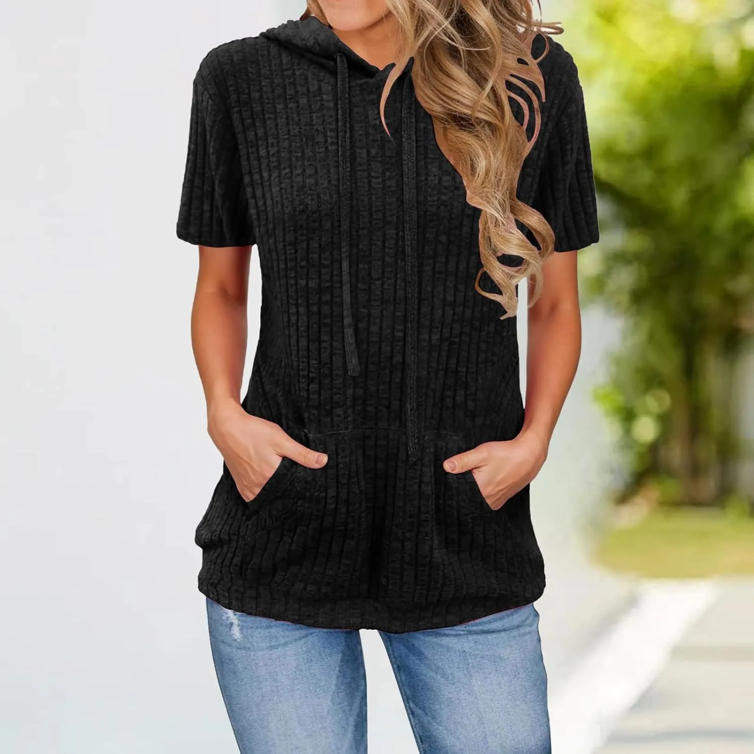 Short Sleeve Hoodies for Women Ribbed Knit Tops Casual T Shirts Oversized Sweatshirts Pullover with Kangaroo Pocket
