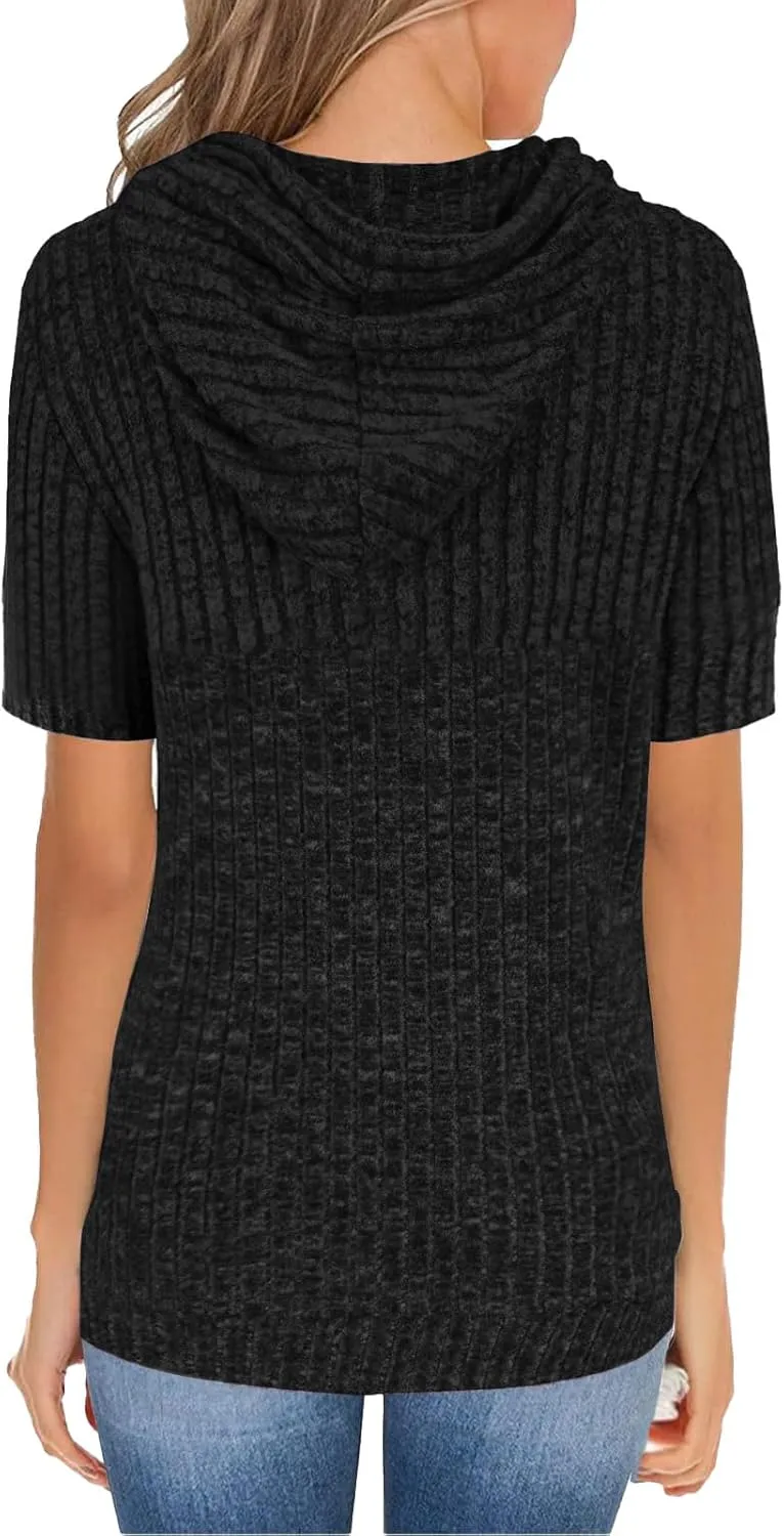 Short Sleeve Hoodies for Women Ribbed Knit Tops Casual T Shirts Oversized Sweatshirts Pullover with Kangaroo Pocket