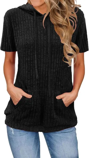 Short Sleeve Hoodies for Women Ribbed Knit Tops Casual T Shirts Oversized Sweatshirts Pullover with Kangaroo Pocket