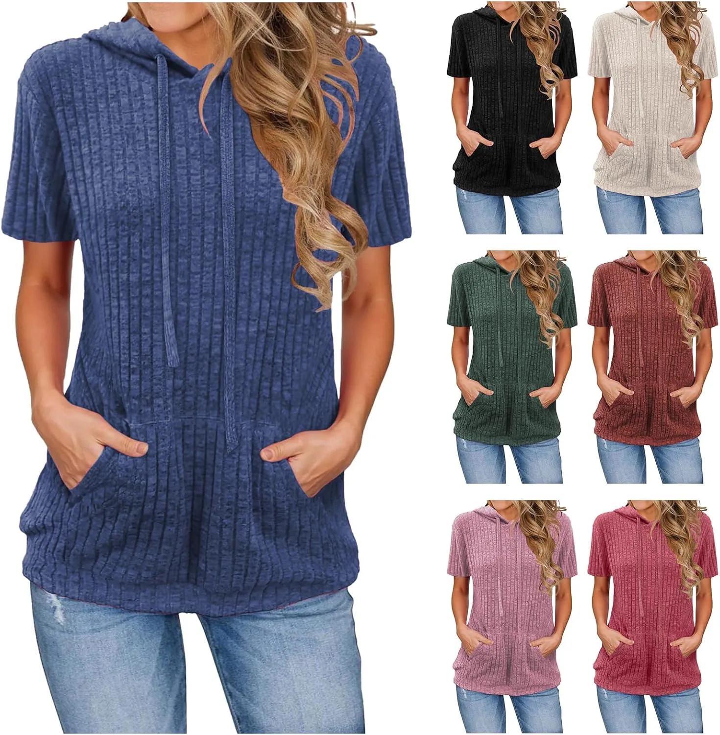 Short Sleeve Hoodies for Women Ribbed Knit Tops Casual T Shirts Oversized Sweatshirts Pullover with Kangaroo Pocket