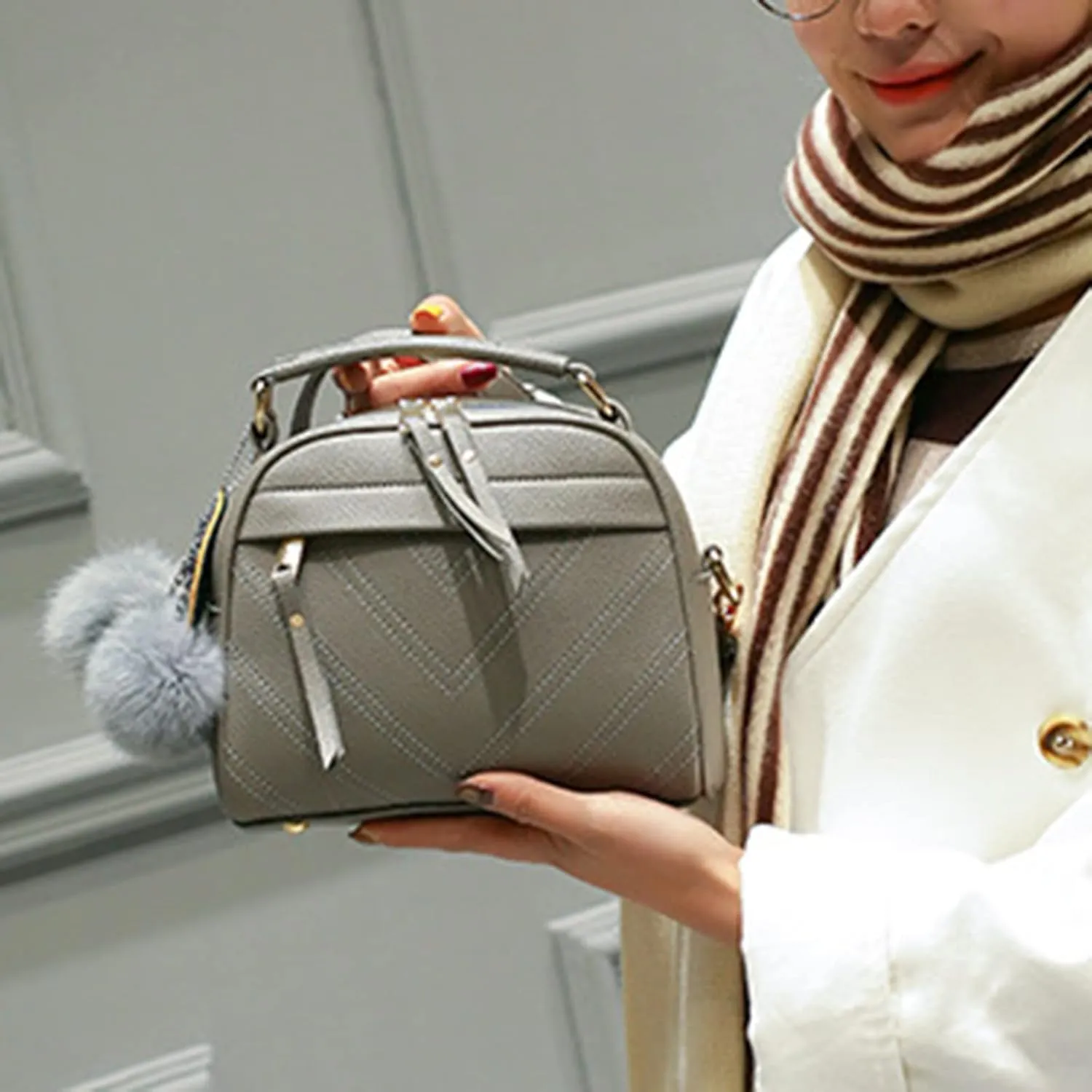 Shoulder Purse Pendant Bag Tote Fashion Handbag Women's Leather Furry Bag Shoulder Bags Nylon (Grey, One Size)