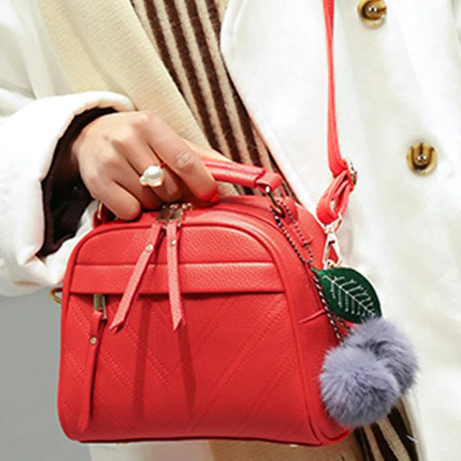 Shoulder Purse Pendant Bag Tote Fashion Handbag Women's Leather Furry Bag Shoulder Bags Nylon (Red, One Size)