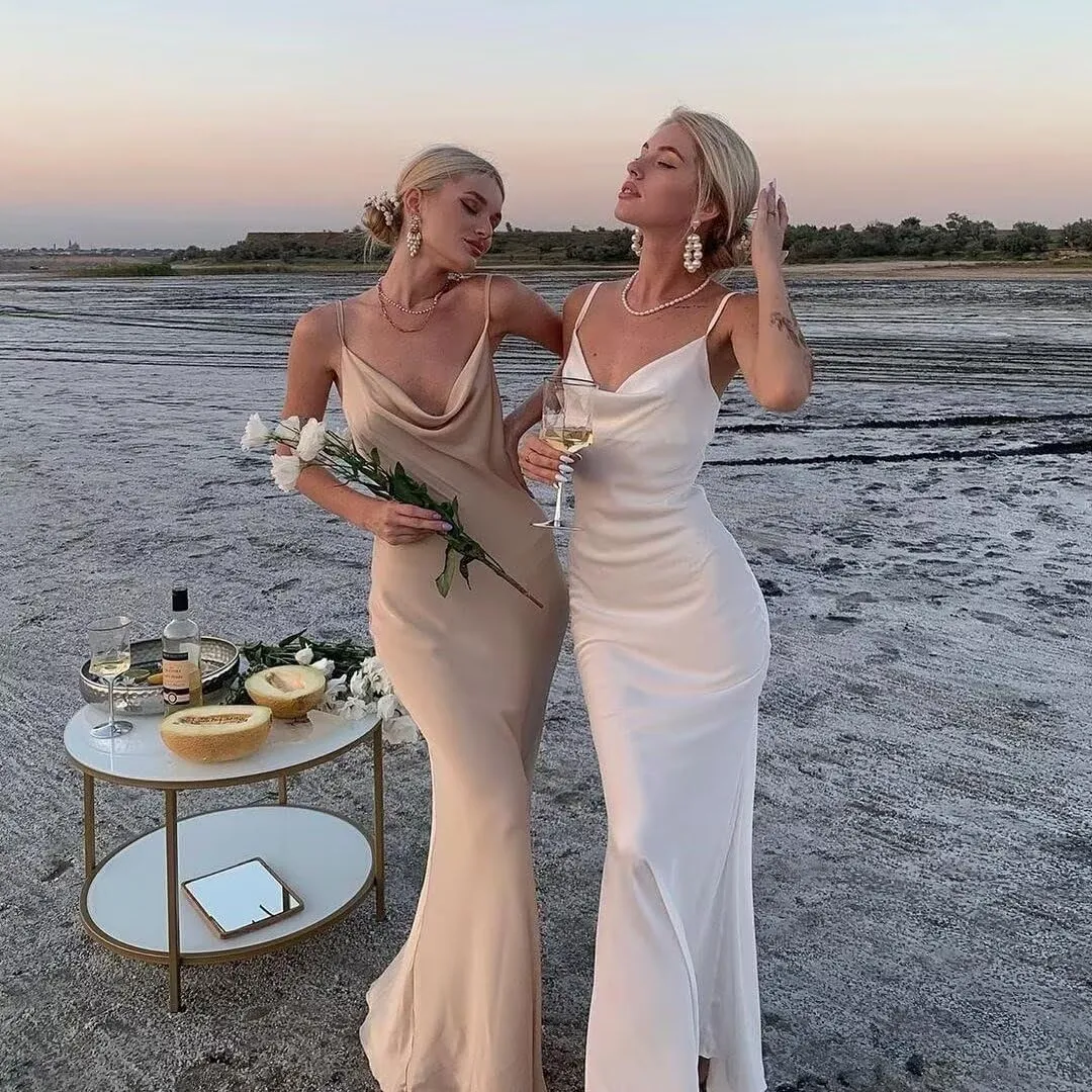 Silk Satin Bridesmaid Dress for Women Spaghetti Straps Cow Neck Mermaid Prom Dresses Long Backless Formal Gown