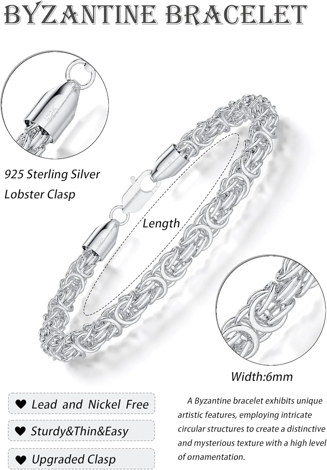 Silver 6mm Byzantine Bracelet for Women Silver Plated with Solid 925 Sterling Silver Lobster Clasp Made in Italy 6.5-9Inches Women's Jewelry Gifts