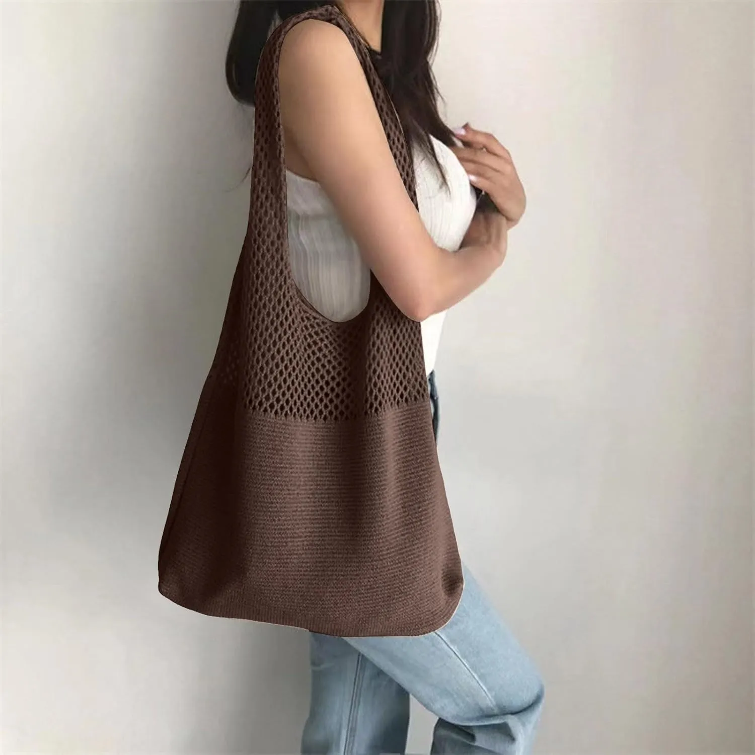 Simple Retro Hollow Crochet Bags Large Capacity Shopping Bags Women's Woven Shoulder Bag Leather Shoulder (C, One Size)