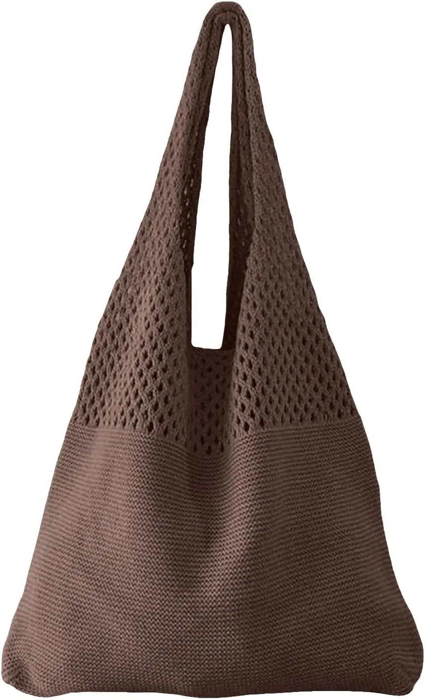 Simple Retro Hollow Crochet Bags Large Capacity Shopping Bags Women's Woven Shoulder Bag Leather Shoulder (C, One Size)