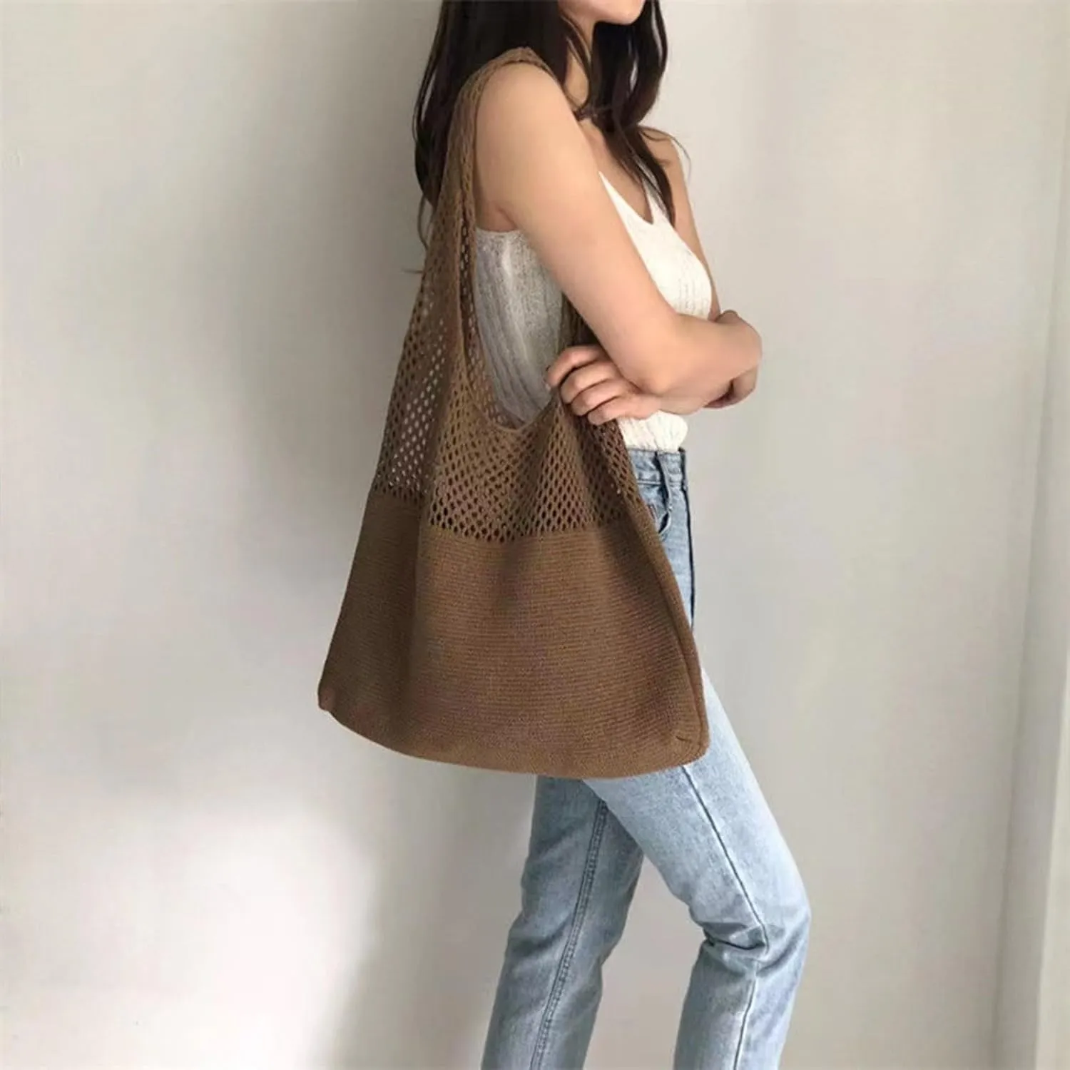 Simple Retro Hollow Crochet Bags Large Capacity Shopping Bags Women's Woven Shoulder Bag Leather Shoulder (C, One Size)