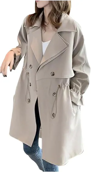 Sinzelimin Women Mid-Length Trench Coat Long Sleeves Temperament Notch Shawl Collar Lightweight Windbreaker Outwear & Jackets