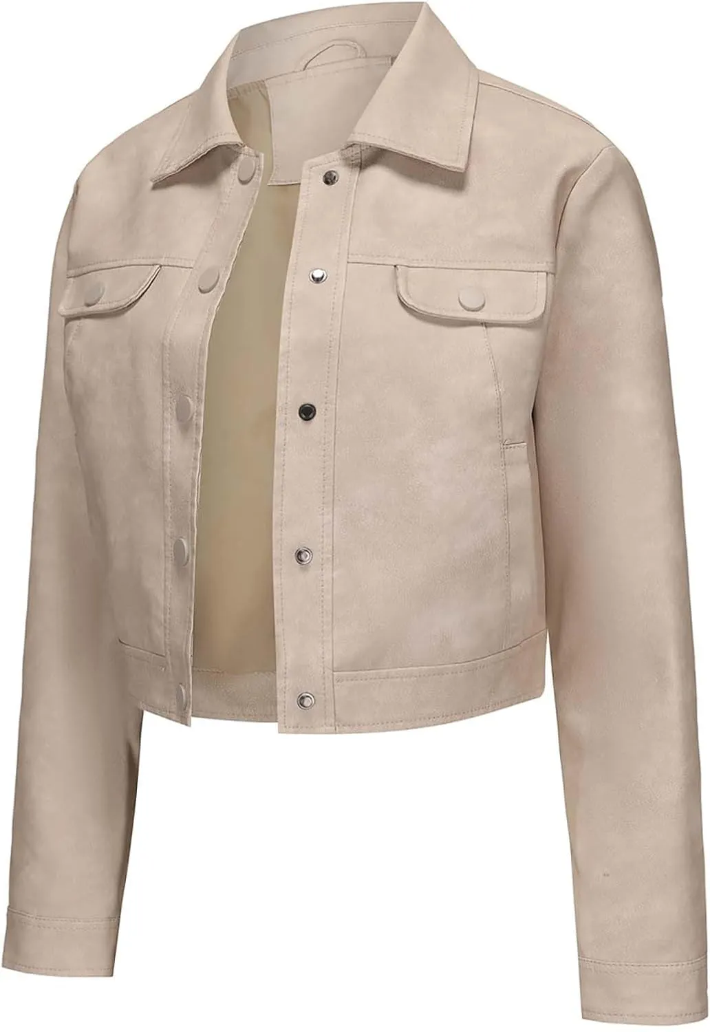 Sinzelimin Women's Crop Leather Jackets Fashion Retro Solid Color Button up Lapel Long Sleeves Streetwear Motorcycle Jacket