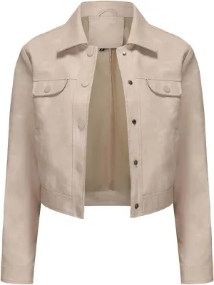 Sinzelimin Women's Crop Leather Jackets Fashion Retro Solid Color Button up Lapel Long Sleeves Streetwear Motorcycle Jacket
