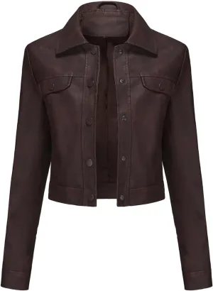 Sinzelimin Women's Crop Leather Jackets Fashion Retro Solid Color Button up Lapel Long Sleeves Streetwear Motorcycle Jacket