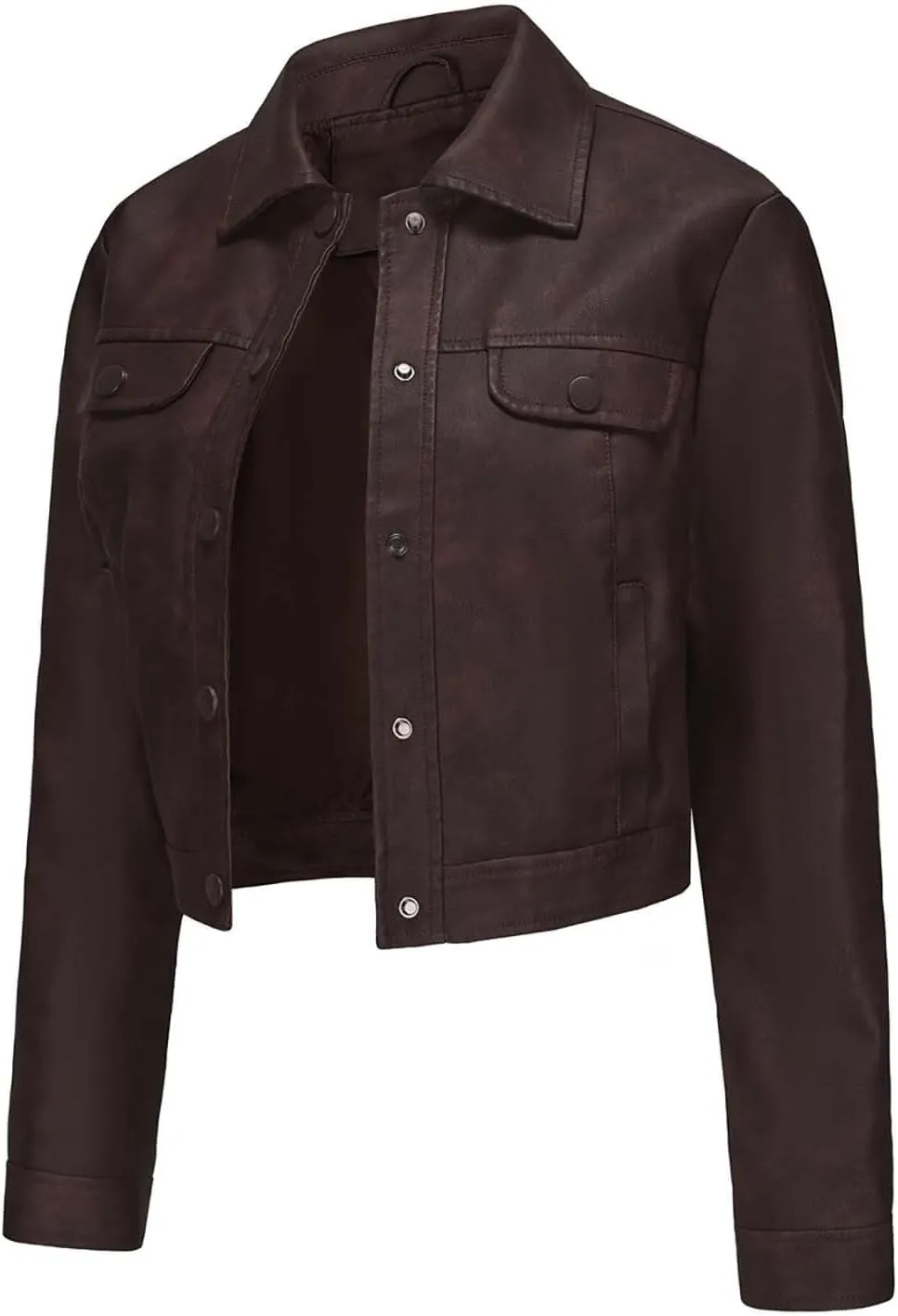 Sinzelimin Women's Crop Leather Jackets Fashion Retro Solid Color Button up Lapel Long Sleeves Streetwear Motorcycle Jacket