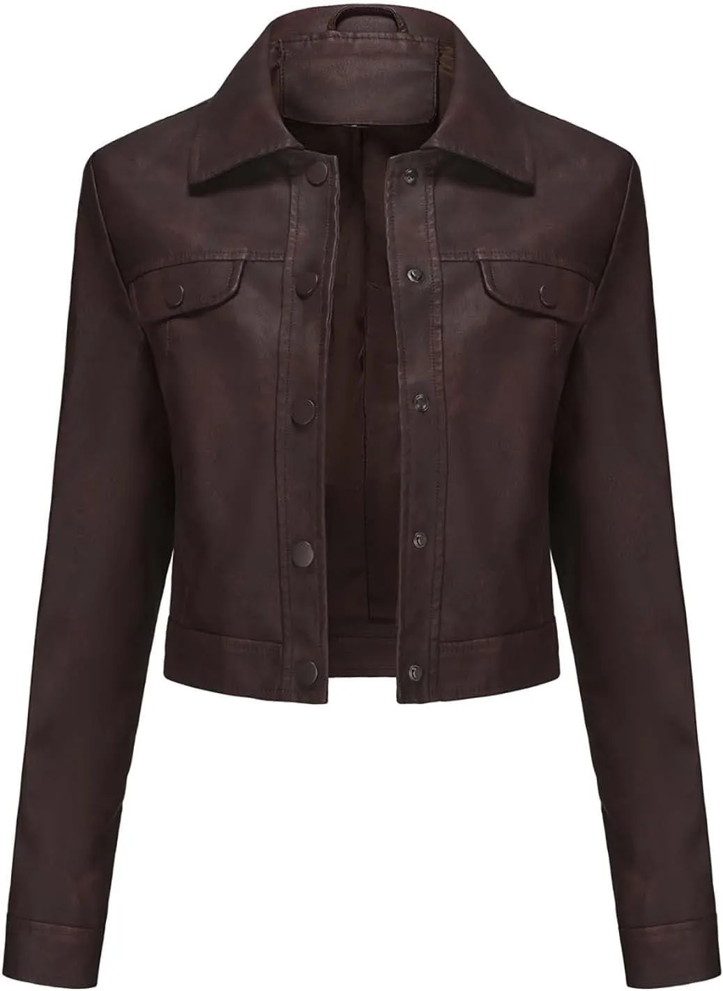 Sinzelimin Women's Crop Leather Jackets Fashion Retro Solid Color Button up Lapel Long Sleeves Streetwear Motorcycle Jacket