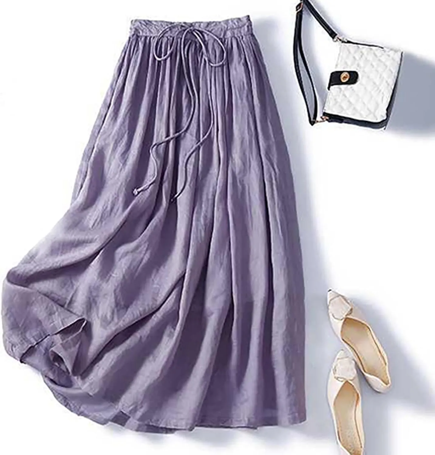 Skirts for Women A-Line Cotton Linen Flowy Skirt Casual High Waisted Comfort Skirt Fashion Drawstring Maxi Skirt