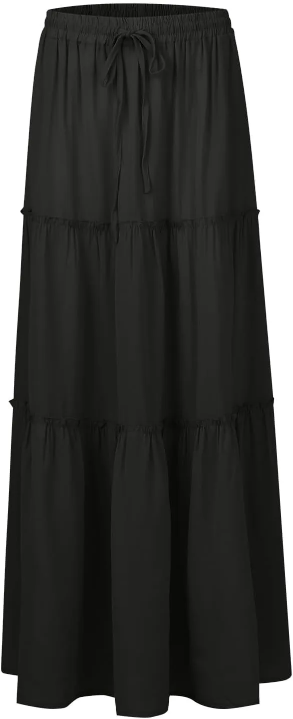 Skirts for Women Summer Flowy Tiered Elastic High Waisted Skirt Vacation Swing Long Solid Maxi Beach Skirts