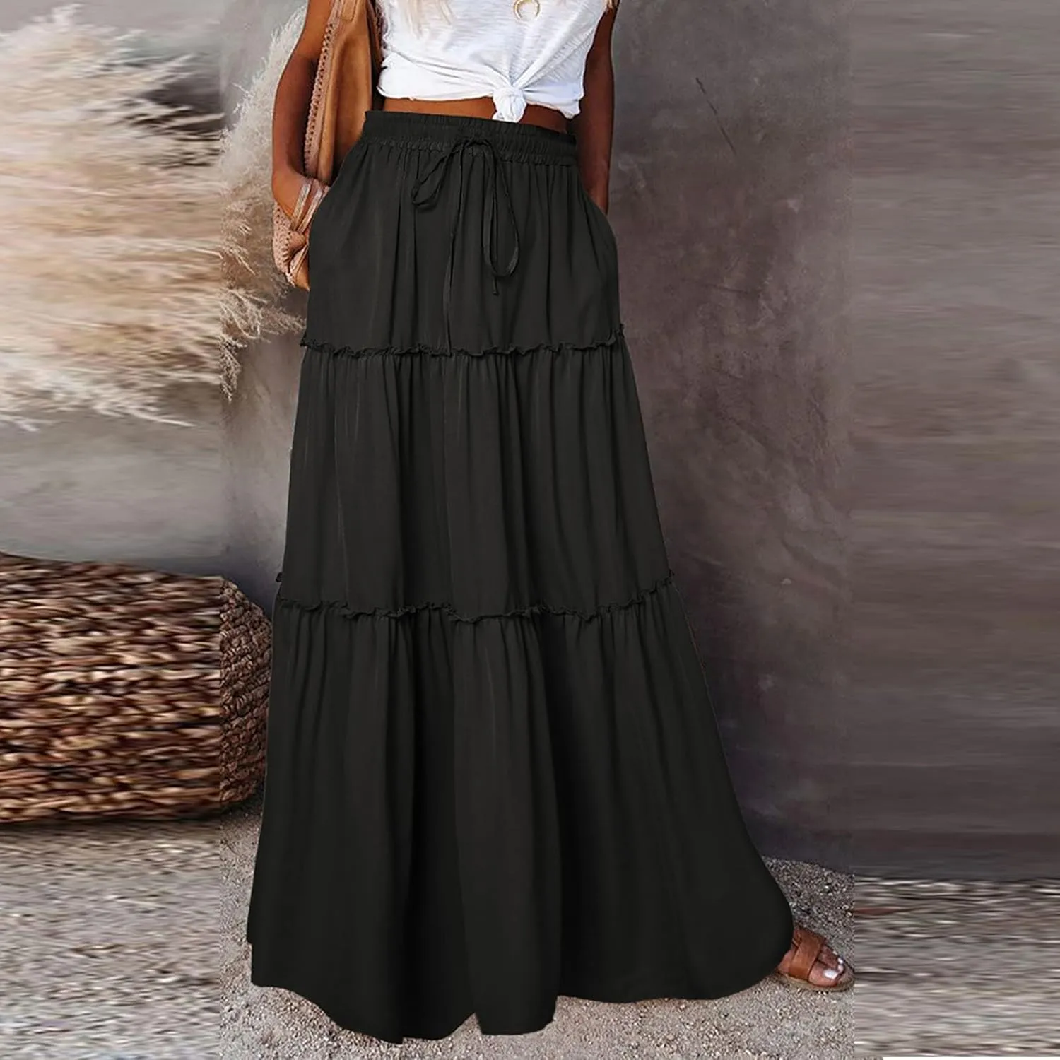 Skirts for Women Summer Flowy Tiered Elastic High Waisted Skirt Vacation Swing Long Solid Maxi Beach Skirts