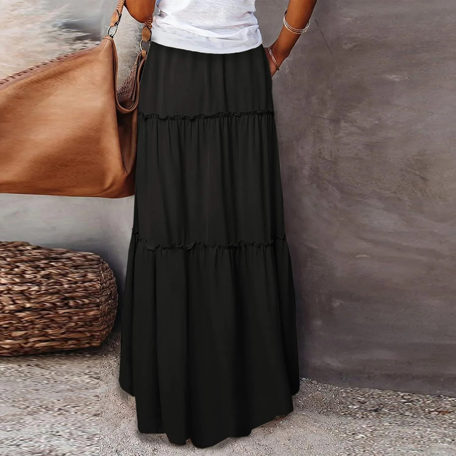 Skirts for Women Summer Flowy Tiered Elastic High Waisted Skirt Vacation Swing Long Solid Maxi Beach Skirts