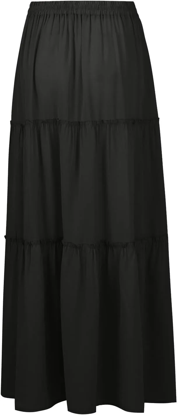 Skirts for Women Summer Flowy Tiered Elastic High Waisted Skirt Vacation Swing Long Solid Maxi Beach Skirts