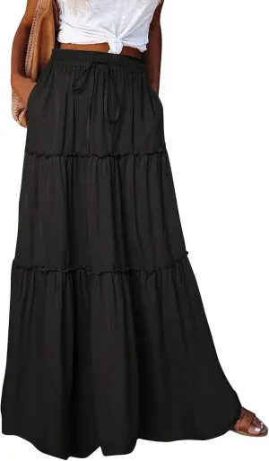 Skirts for Women Summer Flowy Tiered Elastic High Waisted Skirt Vacation Swing Long Solid Maxi Beach Skirts