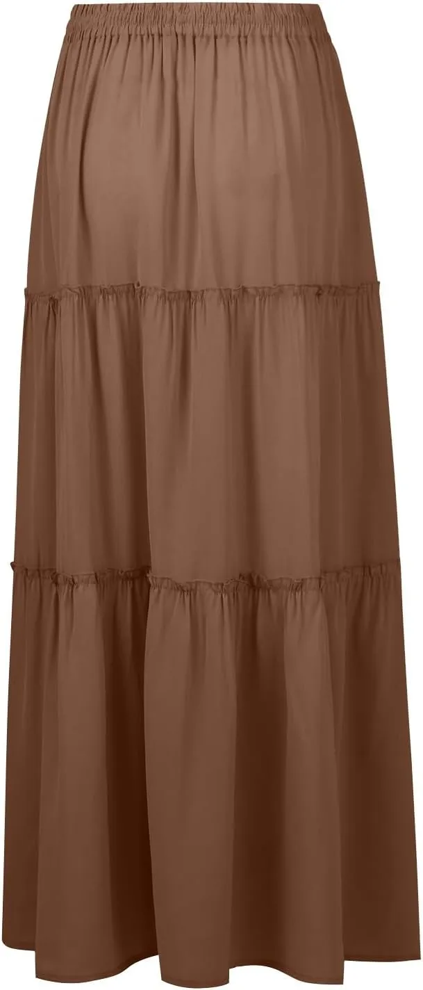 Skirts for Women Summer Flowy Tiered Elastic High Waisted Skirt Vacation Swing Long Solid Maxi Skirts